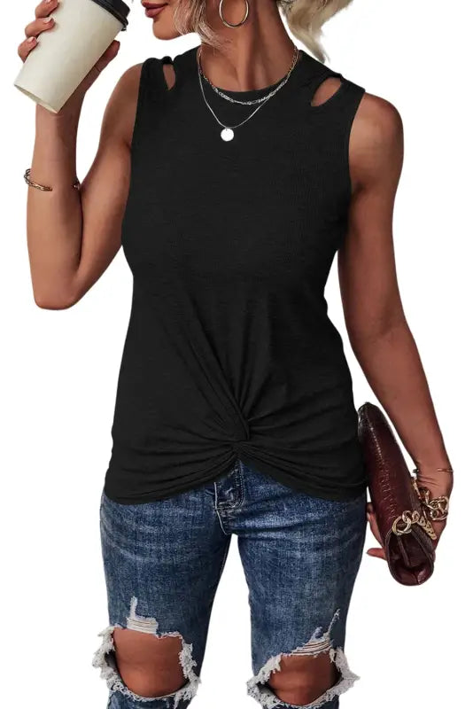 Black rib knit cut-out front twist tank top - tops