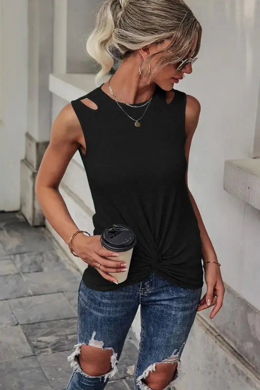 Black rib knit cut-out front twist tank top - tops