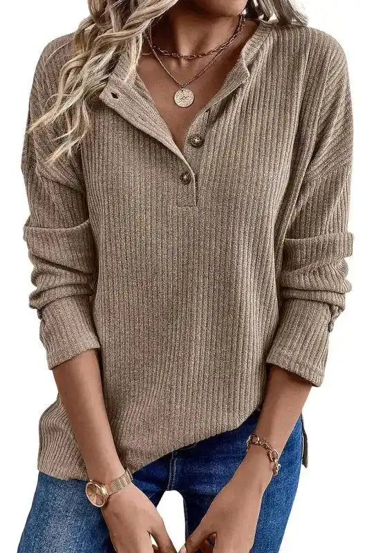 Chic beige Rib Knit Henley Top with button details and long sleeves, a stylish daily wear option for cooler seasons.