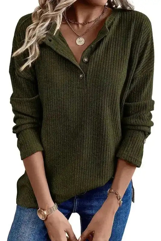 Rib Knit Henley Top in olive green with long sleeves and button placket, a fashionable and cozy choice for autumn days.