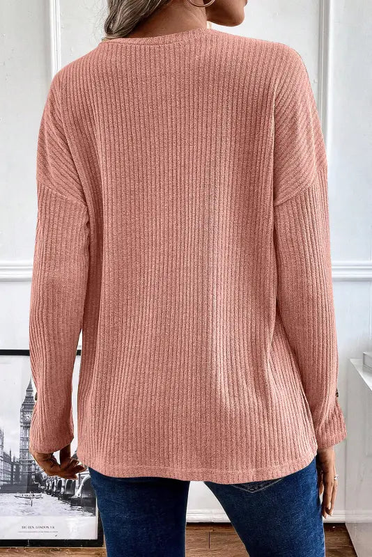 Rib knit henley top - long sleeve tops