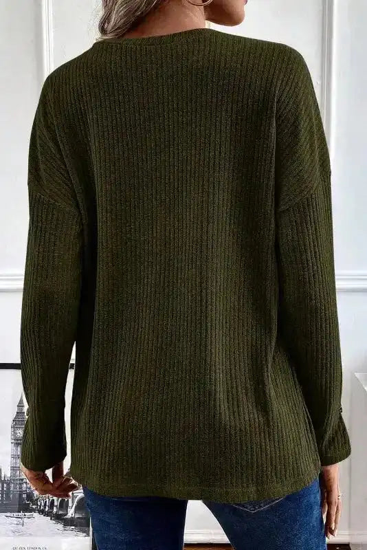 Back view of olive green Rib Knit Henley Top showing ribbed knit fabric and relaxed silhouette for everyday comfort.