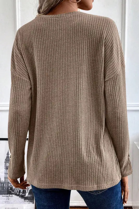 Rib knit henley top - long sleeve tops