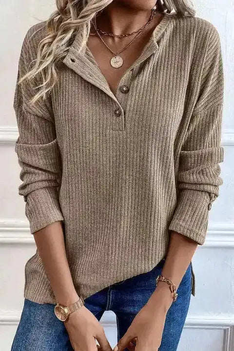Beige ribbed knit Henley button neckline long sleeve top front view — Fashionfitz UK
