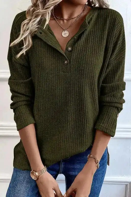 Olive green Rib Knit Henley Top featuring a buttoned neckline and ribbed texture, a cozy and stylish fall essential.