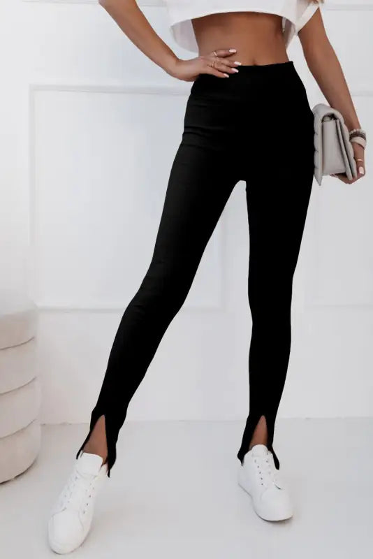 Rib knit high waist leggings - black / s / 65% polyester + 30% viscose + 5% elastane