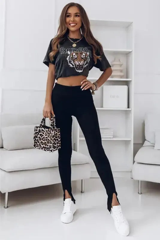 Close-up of rib knit texture and slit hem detail on high waist leggings Fashionfitz UK