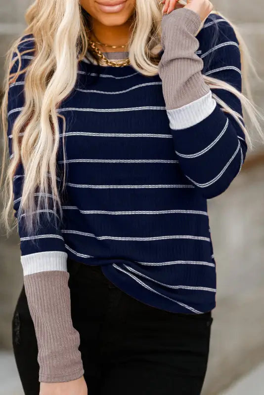 Rib knit striped pullover - blue / s / 95% polyester + 5% elastane - long sleeve tops