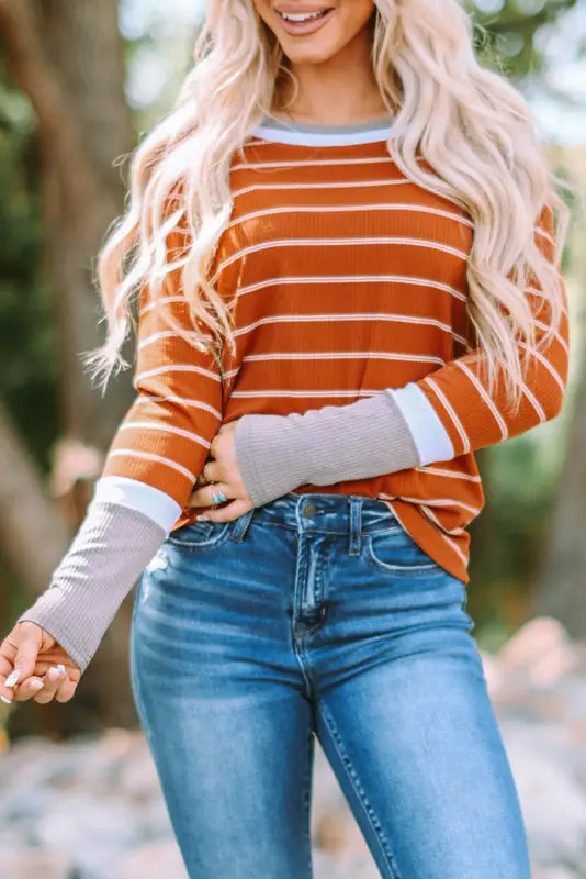 Rib knit striped pullover - long sleeve tops