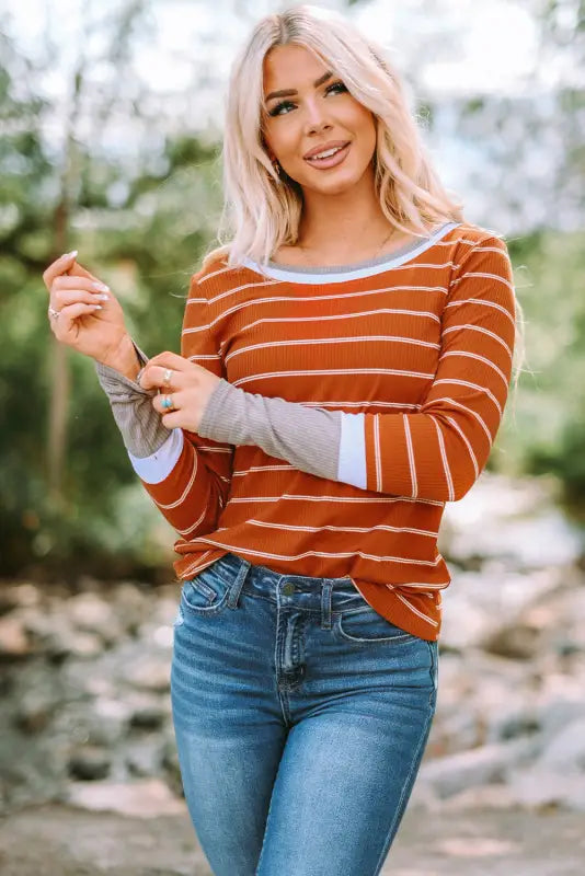 Rib knit striped pullover - long sleeve tops