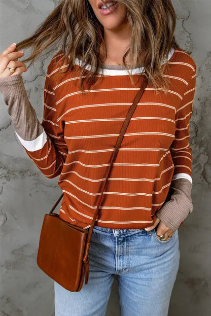 Rib knit striped pullover - brown / s / 95% polyester + 5% elastane - long sleeve tops