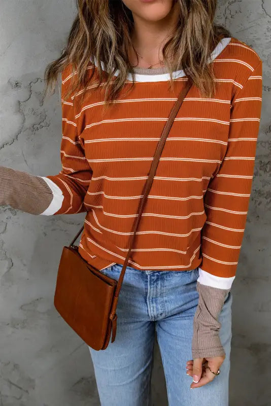 Rib knit striped pullover - long sleeve tops