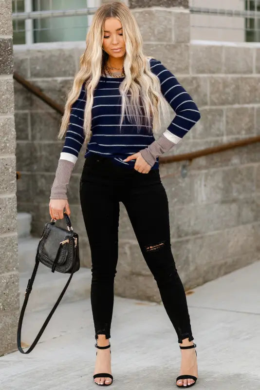 Rib knit striped pullover - long sleeve tops