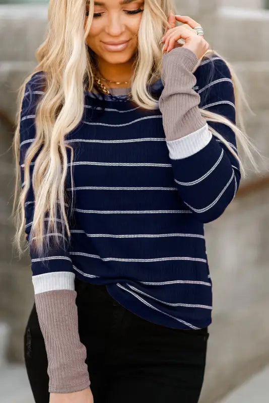 Rib knit striped pullover - long sleeve tops