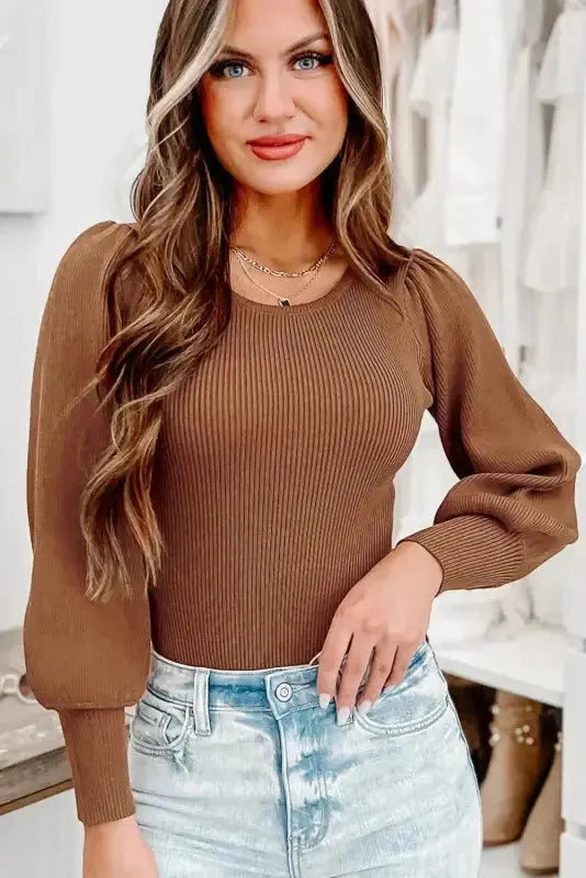 Ribbed Balloon Sleeve Bodysuit - Fashionfitz