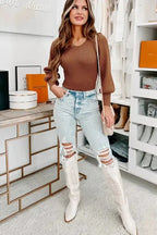 Ribbed Balloon Sleeve Bodysuit - Fashionfitz