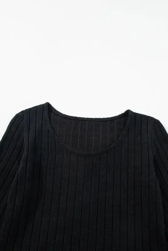 Long sleeve tops black ribbed bishop round neck top