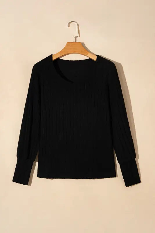 Long sleeve tops black ribbed bishop round neck top