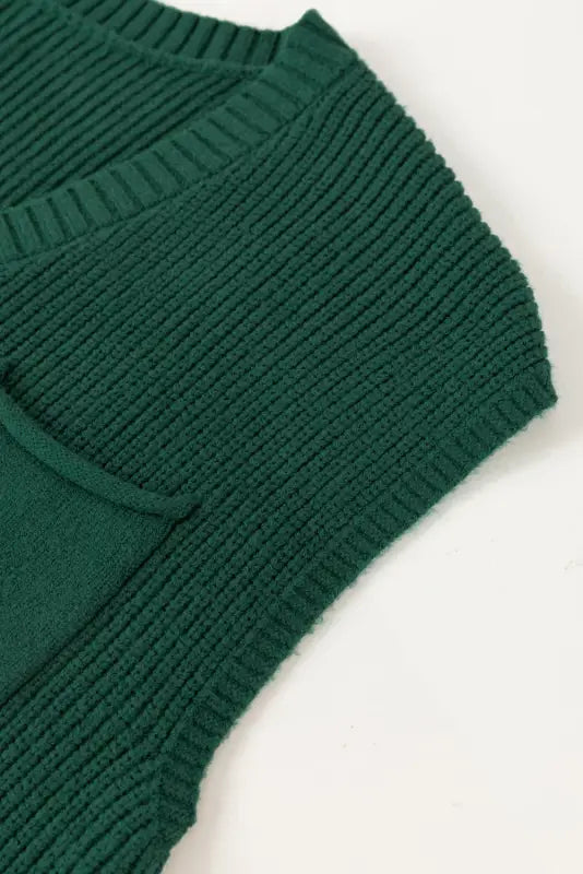 Blackish green chest pocket v neck ribbed cap sleeve sweater - sweaters & cardigans