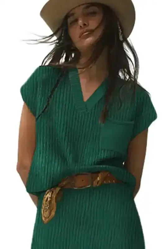 Ribbed Cap Sleeve Sweater - Blackish Green - Fashionfitz