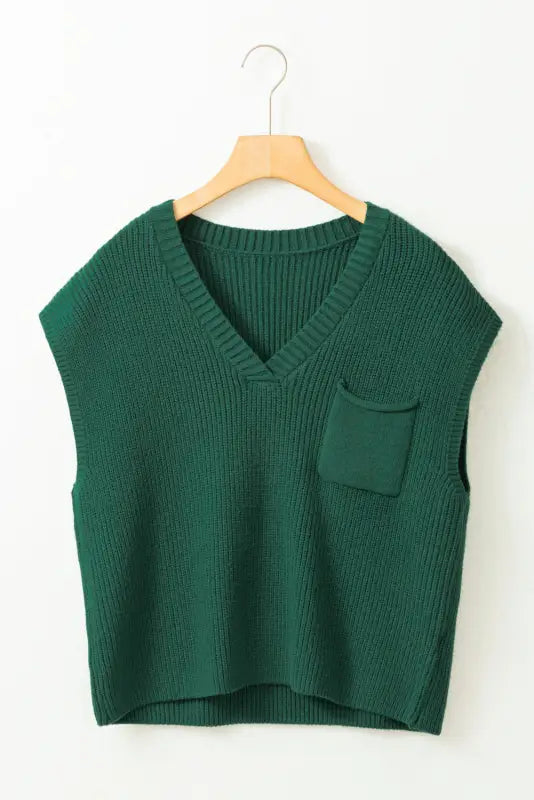 Blackish green chest pocket v neck ribbed cap sleeve sweater - sweaters & cardigans