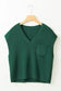 Blackish green chest pocket v neck ribbed cap sleeve sweater - sweaters & cardigans