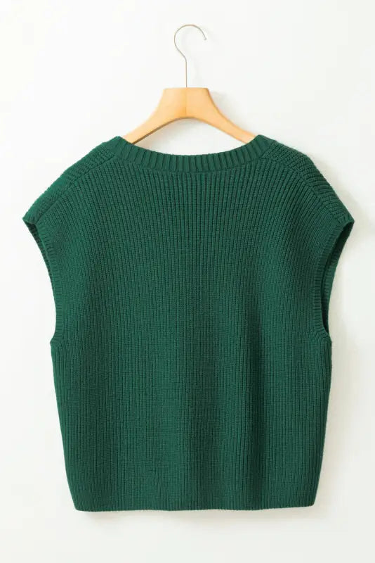 Blackish green chest pocket v neck ribbed cap sleeve sweater - sweaters & cardigans