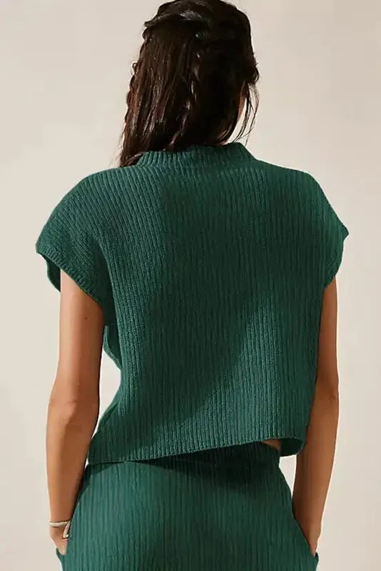 Ribbed Cap Sleeve Sweater - Blackish Green - Fashionfitz