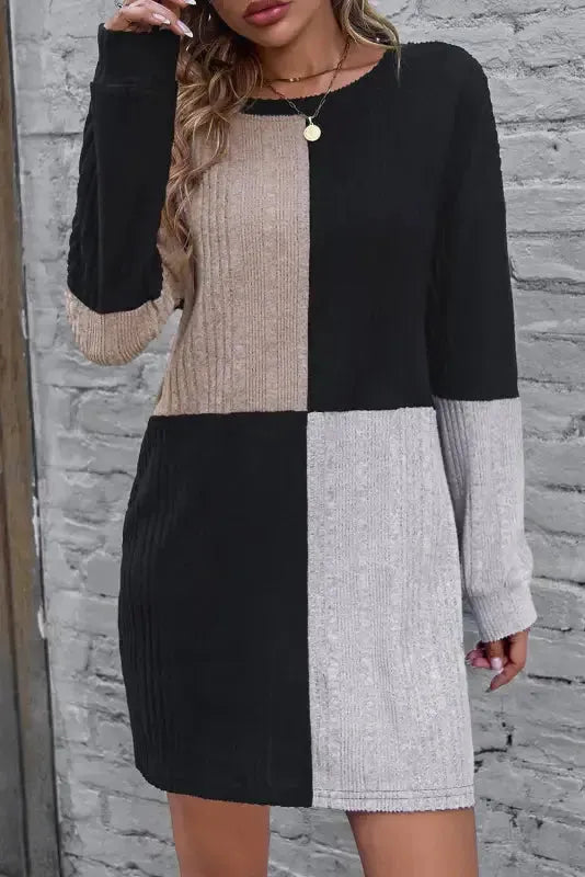Ribbed Color Block Mini Dress - Fashionfitz