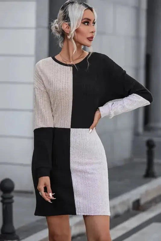 Ribbed Color Block Mini Dress - Fashionfitz