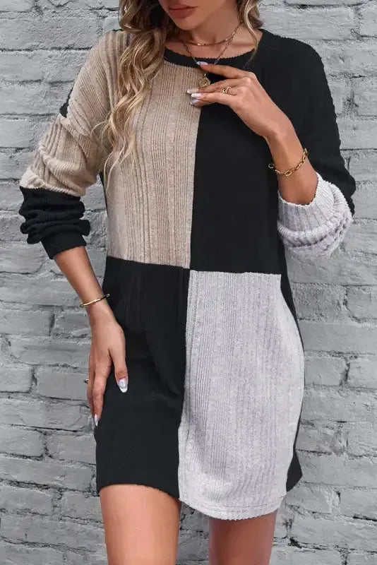 Ribbed Color Block Mini Dress - Fashionfitz