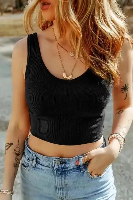 Ribbed crop tank top slim fit sleeveless front view — Fashionfitz UK