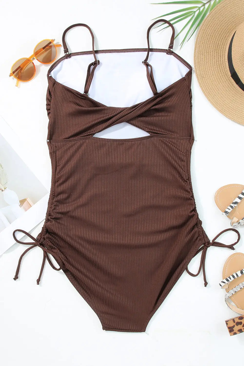 Ribbed drawstring sides one piece swimsuit - swimsuits