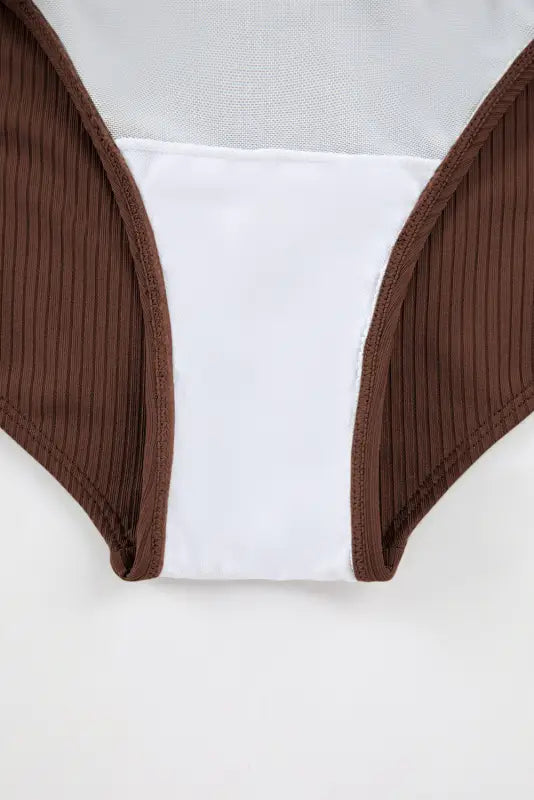 Brown ribbed underwear with white panel for ribbed drawstring sides one piece swimsuit