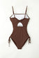 Brown ribbed one-piece swimsuit with cutout detail and drawstring sides - bust waist length fit