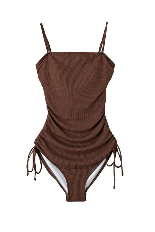 Brown ribbed one-piece swimsuit with adjustable side ties and thin straps, fits all sizes bust waist