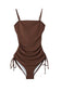 Brown ribbed one-piece swimsuit with adjustable side ties and thin straps, fits all sizes bust waist