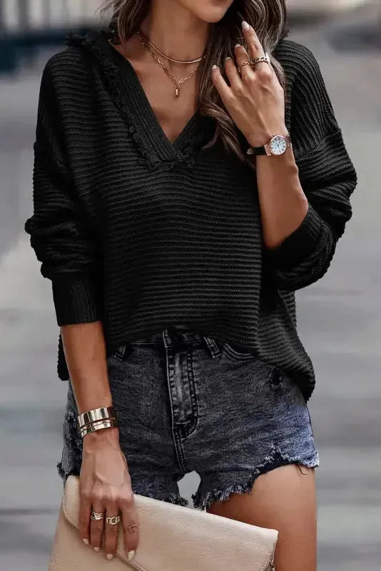 Ribbed Drop Shoulder Hooded Sweater - Fashionfitz