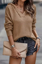 Ribbed Drop Shoulder Hooded Sweater - Fashionfitz