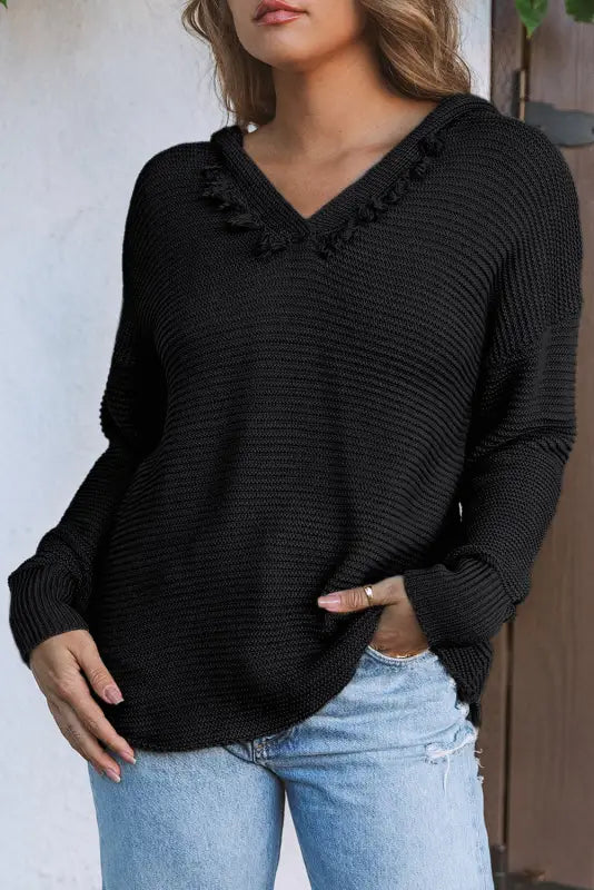 Ribbed drop shoulder hooded sweater - sweaters