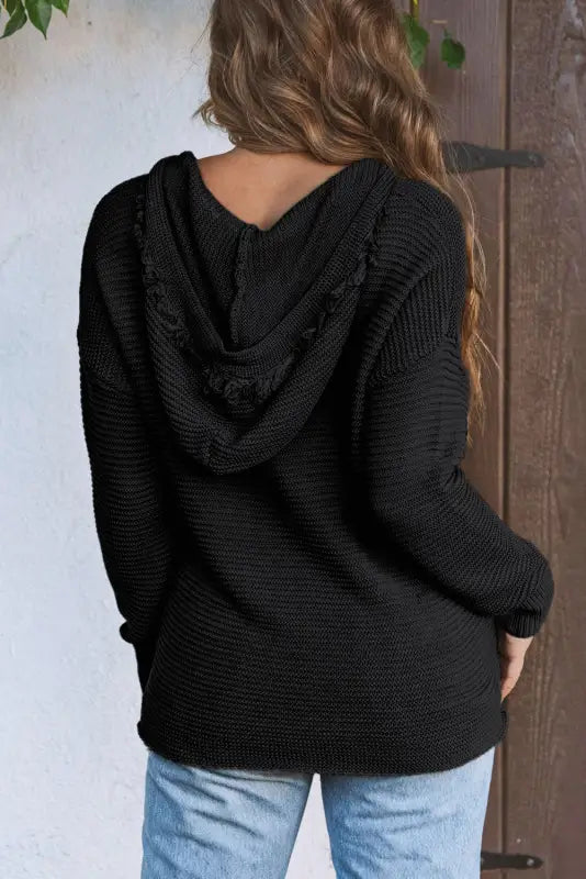 Ribbed drop shoulder hooded sweater - sweaters