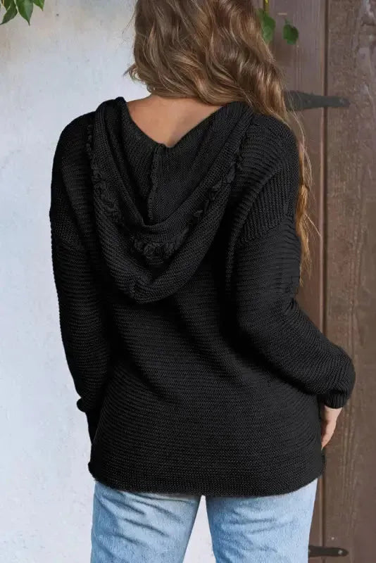 Ribbed Drop Shoulder Hooded Sweater - Fashionfitz