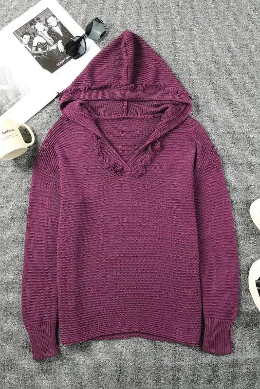 Ribbed Drop Shoulder Hooded Sweater - Fashionfitz