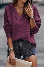 Ribbed Drop Shoulder Hooded Sweater - Fashionfitz