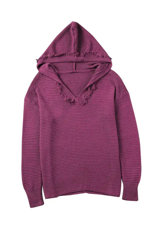 Ribbed drop shoulder hooded sweater - sweaters