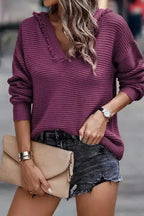 Ribbed Drop Shoulder Hooded Sweater - Fashionfitz