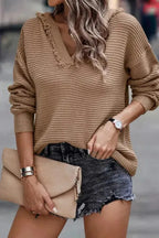 Ribbed Drop Shoulder Hooded Sweater - Fashionfitz
