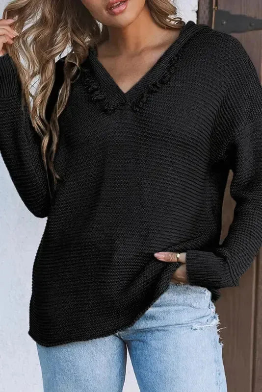 Ribbed Drop Shoulder Hooded Sweater - Fashionfitz