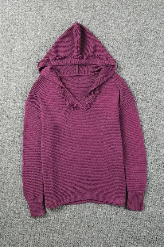 Ribbed Drop Shoulder Hooded Sweater - Fashionfitz