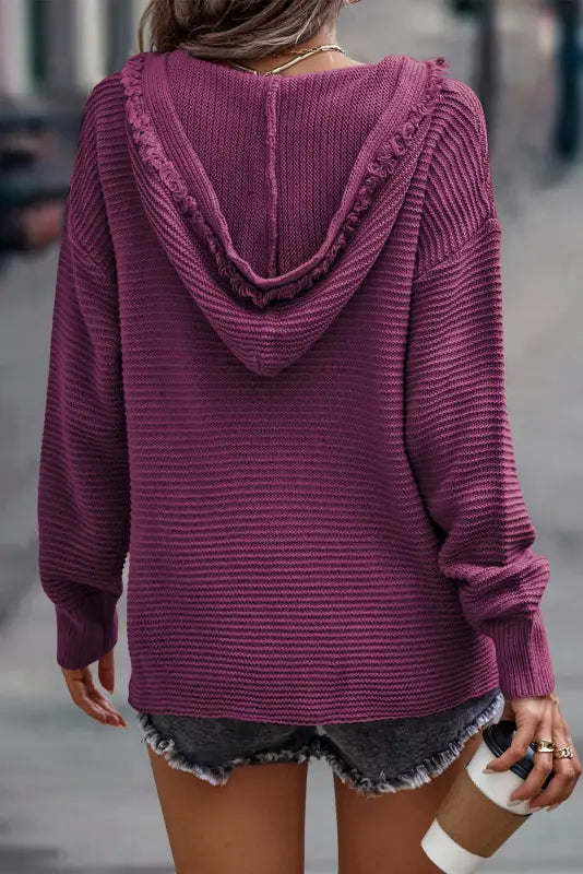 Ribbed drop shoulder hooded sweater - sweaters